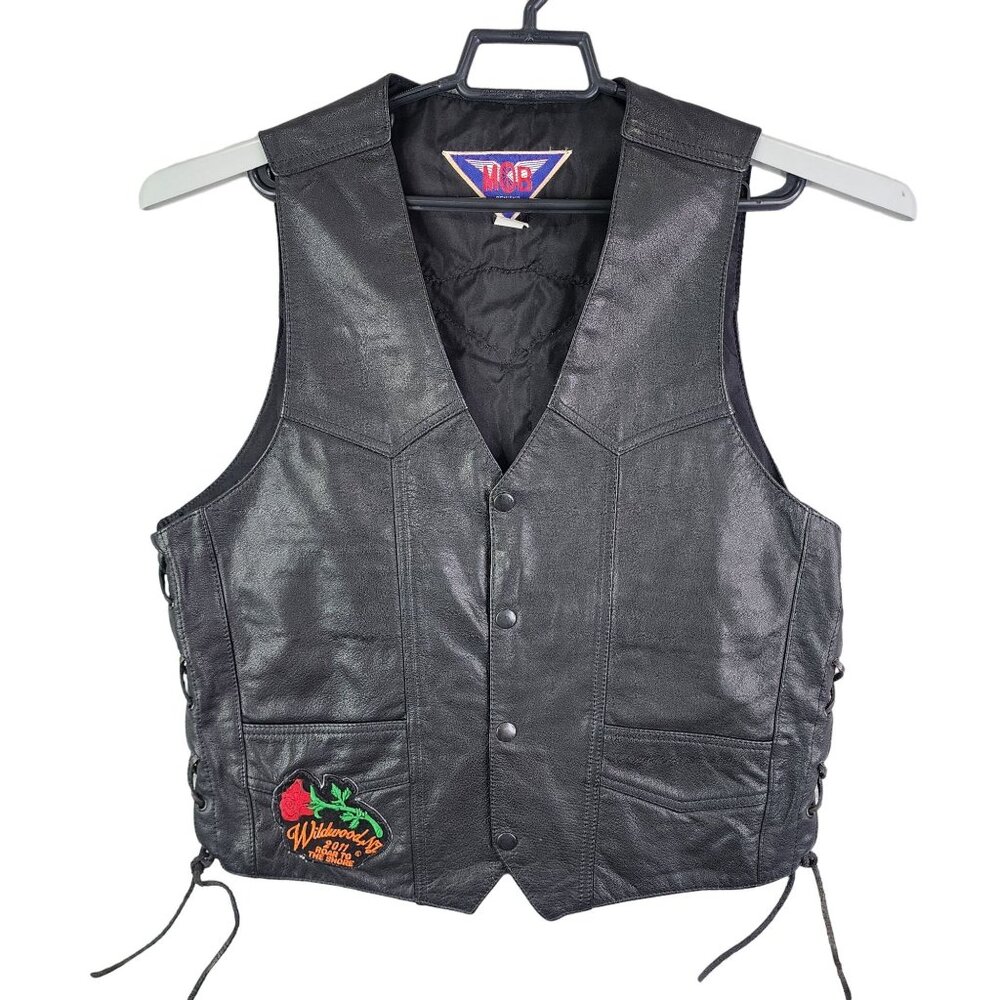 Womens Black MOB Leather Vest Jacket w/ Embroidered Rose Wildwood NJ Patch M
